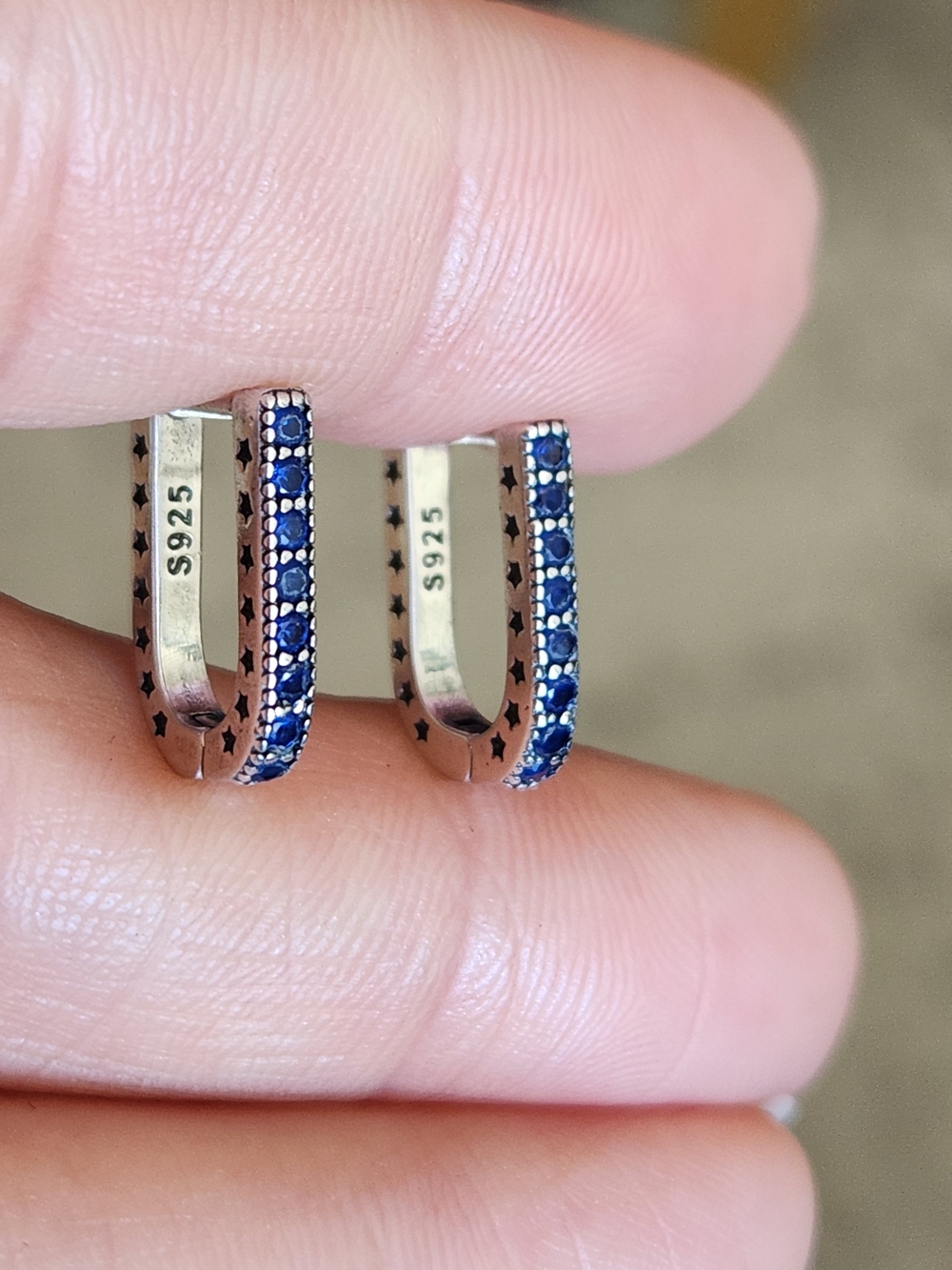 New 925 Silver Blue Sapphire Rectangle Shaped Hoop Earrings for Women